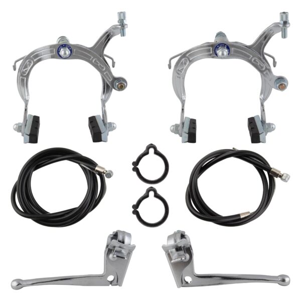 Sunlite CruiserMX Brake Set Silver Full Brake Set Long Reach 73 91mm Chrome Finish Upgrade your biking experience with the Sunlite Cruiser/MX Brake Set. This full brake set includes two levers, two calipers, cables, and housing. Designed for beach cruisers and BMX bikes, the long reach of 73-91mm ensures optimal performance. The sleek chrome finish adds style to any bike. Easily measure reach for proper fit.