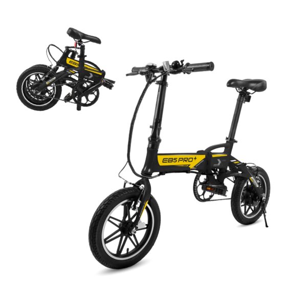 Swagtron Swagcycle EB 5 PLUS Folding Electric Bike Black 14 Wheels Elevate your commute with the Swagtron Swagcycle EB-5 PLUS Folding Electric Bike. Cruise up to 15.5 miles on a single charge, conquer hills with ease, and enjoy the flexibility of pedal power. Stay stylish and comfortable with this premium eBike.