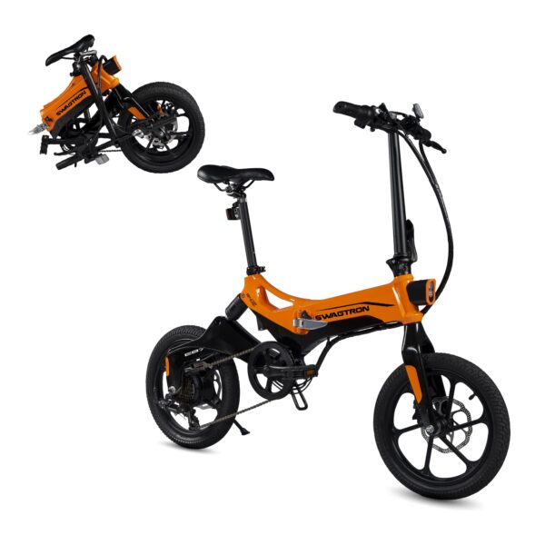 Swagtron Swagcycle EB 7 Elite Plus Folding Electric Bike OrangeBlack 16 Size 7 Speed Upgrade to the EB7 Elite, the EB7 Plus is a premium commuter eBike designed for adults and teens. Enjoy a 23% power increase, throttle speeds up to 18.6 mph, and a 7-speed gear system for hill conquering rides. With a 350W hub motor, enhanced suspension, and a durable aluminum alloy frame, the EB7 Plus offers a smooth, efficient, and comfortable riding experience. The bike features a long-lasting battery that can travel up to 18 miles on electric power alone. Easily switch between speed modes and keep riding even if the battery runs out. The EB7 Plus comes equipped with Shimano gears for precise and consistent shifting, ensuring a reliable ride every time. Additional features include ergonomic grips, adjustable seat, LED headlight, electric horn, and rear reflectors for safety. The bike's foldable design makes it convenient for storage and transportation, making it a perfect companion for daily commuting or leisure rides.