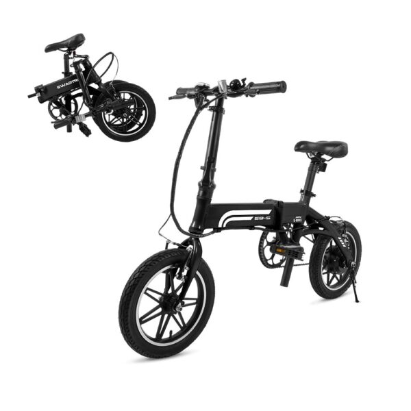 Swagtron Swagcycle EB5 Lightweight Aluminum Folding Ebike with Pedals 58cmMedium Commute with ease on the Swagtron Swagcycle EB5, a pre-assembled electric bike with 14-inch wheels and a 15.5-mile range. Height adjustable for a comfortable ride.