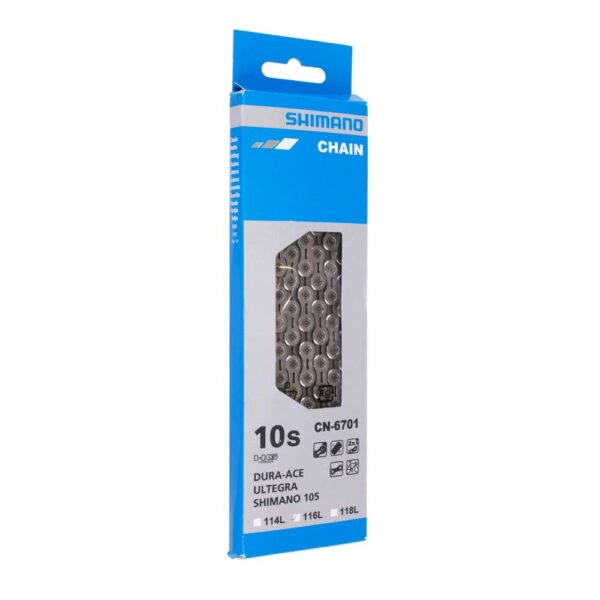 Ultegra 6701 10 Speed Chain SHIMANO True Redesigned Plates 116 Links Enhance your cycling performance with the Shimano Ultegra CN-6701 10-speed chain. Featuring redesigned inner and outer plates, this chain offers improved power transfer and smoother rear shifting for a stable and efficient ride.