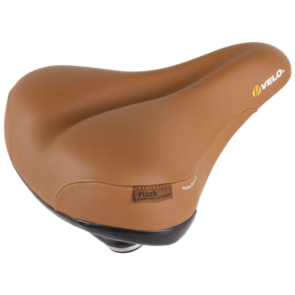 Velo Tour Ela X Saddle Brown VELO 264x220mm Pressure Relief Arc Tech Shock Absorbing Suspension Experience comfort and style with the Velo Tour Ela X Saddle in Brown. Featuring pressure relief channel, shock-absorbing Arc Tech, elastomer suspension, and abrasion protection. Includes seat post clamp.