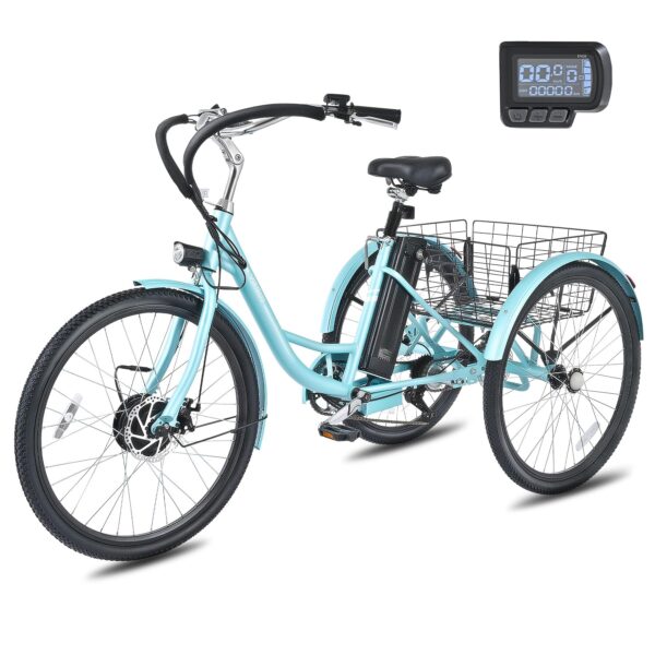 Viribus Electric Tricycle Adults UL Certified 350W Motor 36V 13Ah Battery 24 26 inch 3 Wheel Bicycle Men Women Seniors Rear Basket 15.5mph Experience the Viribus Electric Tricycle, a versatile 3-wheel ride with a powerful 350W motor and 7-speed Shimano Derailleur for a top speed of 15.5mph. Equipped with a reliable 36V 13Ah battery, this e-trike offers a range of 31 miles. Choose from 3 modes to suit your riding style, and enjoy a smooth and comfortable journey with its sturdy tires and spring suspension saddle. With a spacious rear basket, this electric tricycle is perfect for your daily commutes or leisure rides.