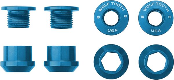 Wolf Tooth Set of 4 Chainring BoltsNuts for Single Ring Drivetrains M8 x.75 x 5 Enhance your bike's performance with Wolf Tooth's precision machined chainring bolts for single-ring drivetrains. Made of durable 7075-T6 aluminum, these 8-gram bolts are designed to perfection in the USA.