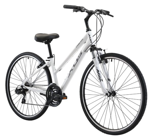 XDS Womens 21 Speed Step Through Hybrid Bicycle 44 cm White Lightweight Alloy Frame Experience the XDS Women's Cross 200 21-speed hybrid bicycle, blending cruiser comfort with road bike agility. Featuring a durable alloy frame, HL suspension fork, and Shimano 21-speed shifter for smooth gear changes. Ideal for urban commutes, campus rides, or leisurely beach cruises.