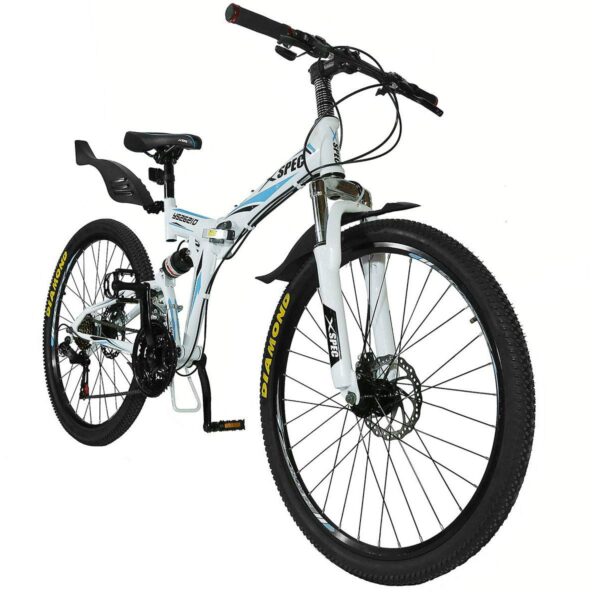 Xspec 26 21 Speed Folding Mountain Bike Bicycle Trail Commuter for Adults Xspec 26 Experience the Xspec 26' 21 Speed Folding Mountain Bike, a sturdy companion for challenging terrains and daily commutes. This non-electric bike folds effortlessly in seconds without tools, measuring 41'H x 32'L x 22'W when folded. With front & rear shock absorbers, a high tensile steel folding frame, and reliable disc brakes, this bike offers superior performance and safety. Quality components like derailleur, shifters, and alloy double wall rims with 26' wheels ensure a smooth ride. Suitable for riders 5'3' - 6'0' tall, with a maximum user weight of 220 lbs. Assembly required.