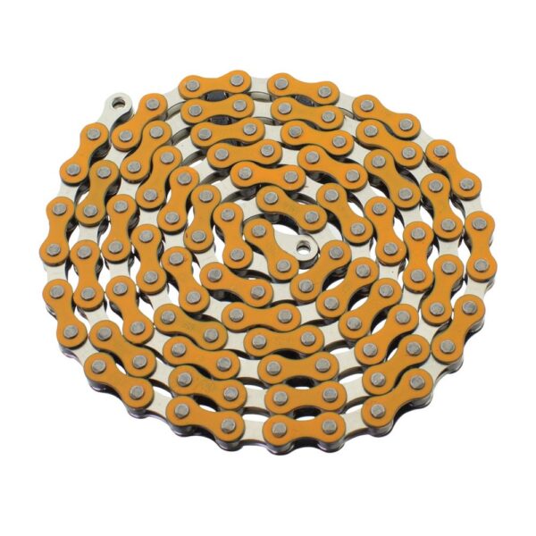 YBN S410 Bicycle Chain 12 x 18 Inch 112L Two Tone OrangeChrome for BMX Cruiser Fenix Cycles Upgrade your ride with the YBN S410 Bicycle Chain in vibrant Orange/Chrome. Perfect for various bike types, this 112-link chain includes a Chrome Master Link for easy installation and durability.