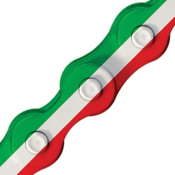 Z510H Italy Bicycle Chain Flag Color 112 Links KMC 12 x 18 Inch Enhance your biking experience with the Z510H Italy Bicycle Chain by KMC. Made for outdoor recreation, this chain is durable and reliable. Package includes 112 links in flag colors for a stylish touch. Originating from China, this chain is lightweight at 0.9 pounds. Upgrade your ride with this high-quality product.