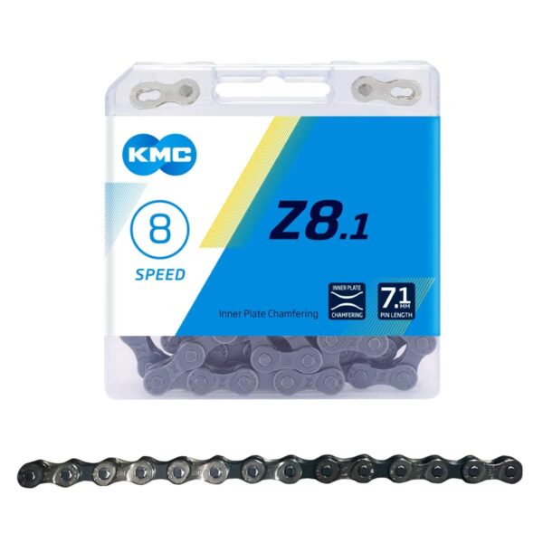 Z8.1 x 116L NPGY KMC Chain 678 Speed 12 x 332 SilverGray Upgrade your bike with the Z8.1 x 116L, NP/GY KMC Chain. Compatible with 6/7/8 speed systems, featuring durable construction and sleek design in Silver/Gray.