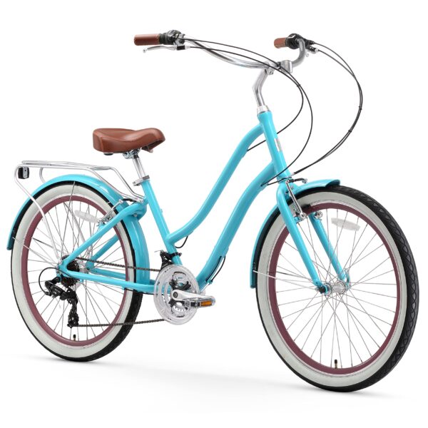 sixthreezero EVRYjourney Womens 21 Speed Step Through Hybrid Cruiser Bicycle Ride in style and comfort with the sixthreezero EVRYjourney Women's 21-Speed Step-Through Hybrid Cruiser Bicycle. This versatile bike features a swooping step-through aluminum frame, 21-speed Shimano Tourney derailleur, and friction shifters for smooth gear changes. With a stylish design, comfy dual-spring saddle, and wide whitewall tires, this bike is perfect for leisure rides, commutes, and more.